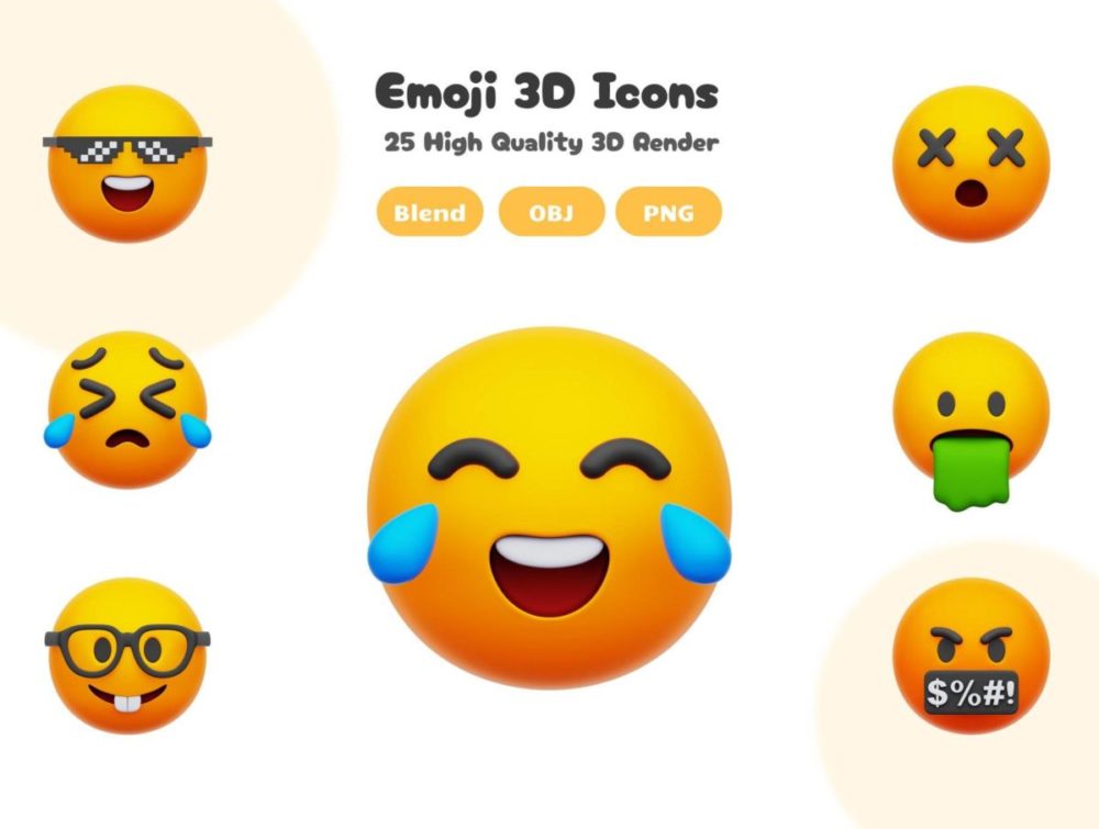 25款卡通趣味Emoji表情符号3D图标Icons设计Blender/PNG/OBJ格式素材 Emoji 3D Icons Set , 第2张