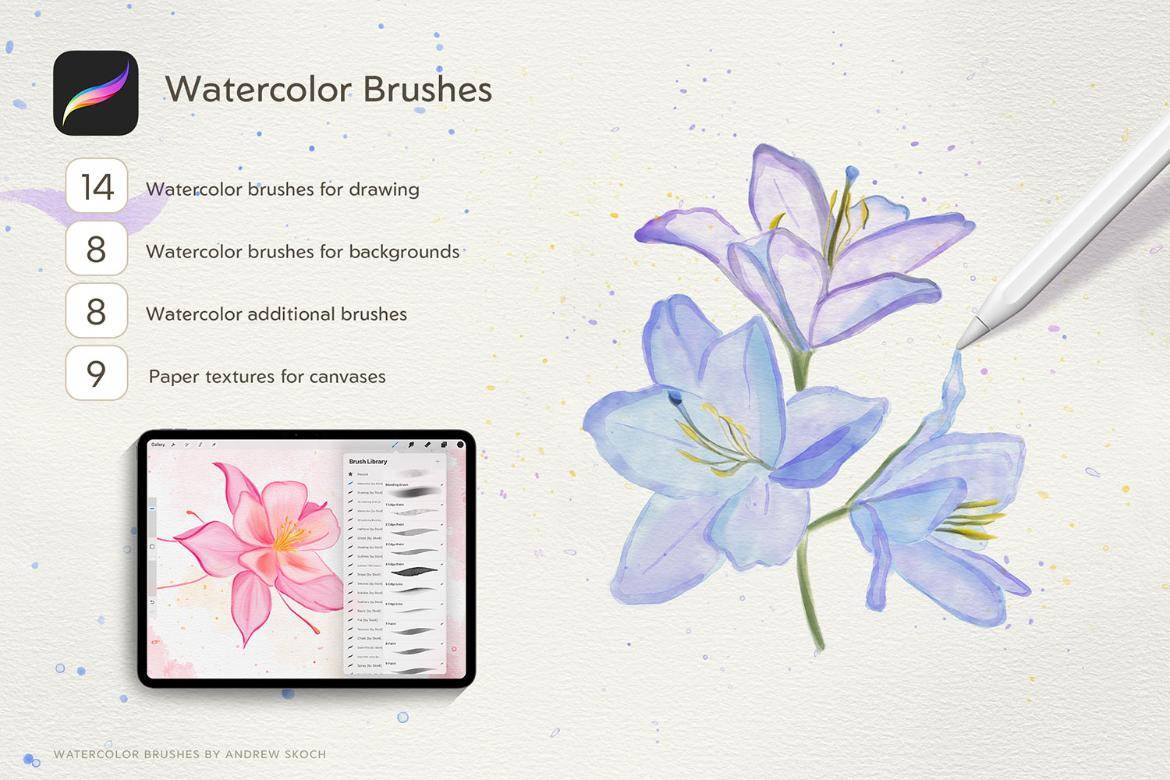 48款真实水彩艺术绘画插画procreate笔刷纸张纹理设计素材套装 Realistic Watercolor Procreate Brushes , 第7张