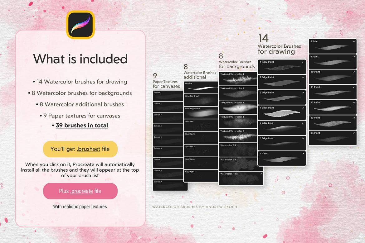 48款真实水彩艺术绘画插画procreate笔刷纸张纹理设计素材套装 Realistic Watercolor Procreate Brushes , 第8张