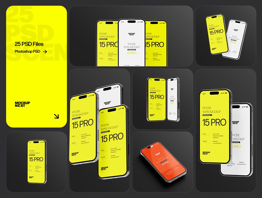 25款时尚简约app ui界面设计苹果iPhone15 Pro展示效果图Ps贴图样机模板 iPhone 15 Pro Mockup Set , 第2张