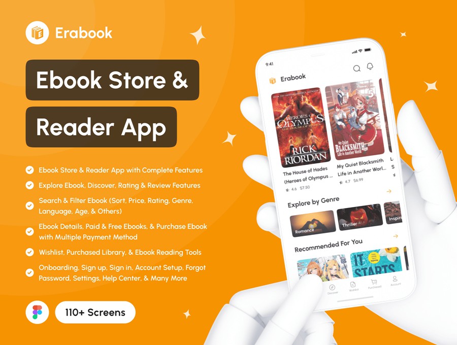 110+屏高级电子书商店阅读器APP应用程序UI界面设计Figma模板套件 Erabook – Ebook Store & Reader App UI Kit APP UI 第1张