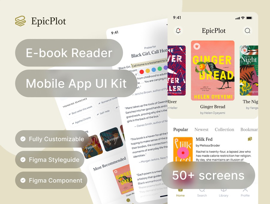 50+屏电子书小说阅读器书店APP软件UI界面设计Figma模板素材 Epicplot – Ebook and Novel Reader UI Kit Template APP UI 第1张