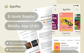 50+屏电子书小说阅读器书店APP软件UI界面设计Figma模板素材 Epicplot – Ebook and Novel Reader UI Kit Template