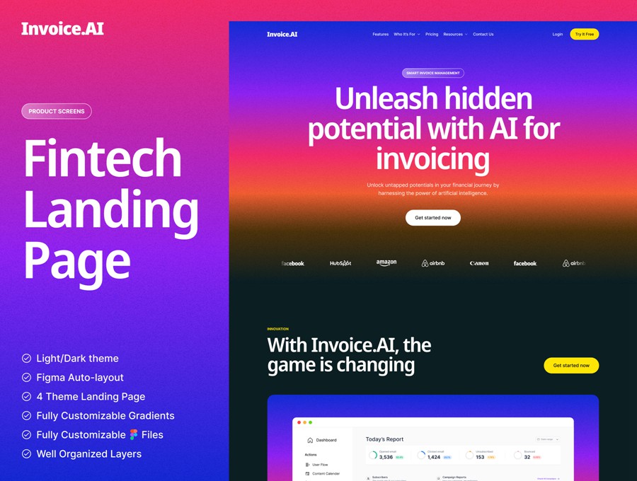 专业双配色AI智能网站登录页面WEB UI设计Figma模板素材 Invoice.AI – Financial AI Landing Page Template , 第1张