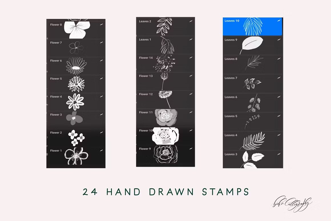 24种独特手绘花卉Procreate笔刷 Flowers & Leaves Procreate Stamps , 第2张