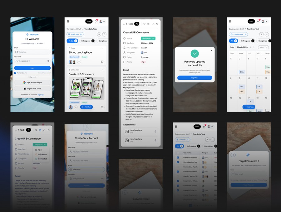 120+屏双配色项目任务管理代办事务软件APP UI界面设计Figma模板套件 TaskTonic UI Kit – Task Management Dashboard UI KIT , 第3张