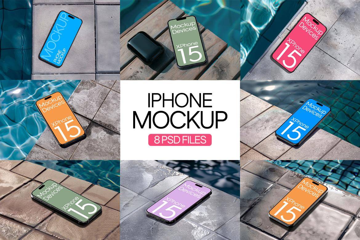 8款泳池背景苹果iPhone 15手机UI广告设计PS贴图样机模板素材 iPhone Mock-Up in Luxurious Poolside , 第1张