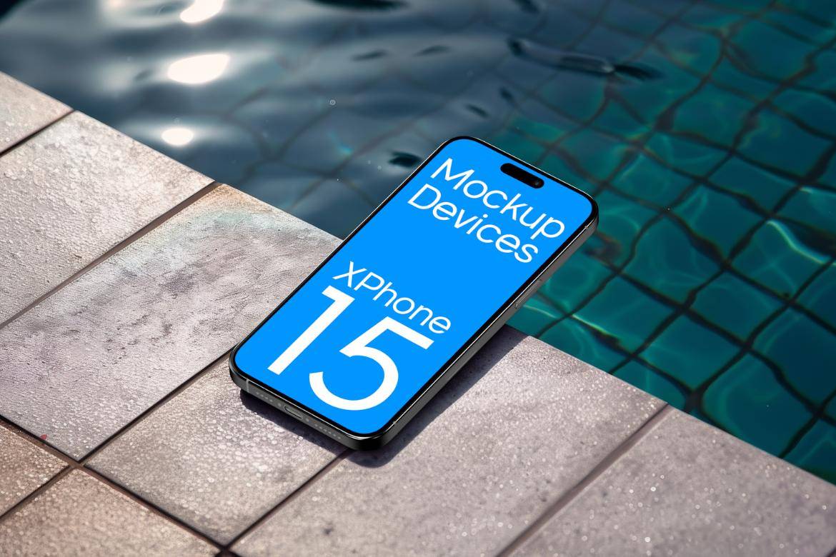 8款泳池背景苹果iPhone 15手机UI广告设计PS贴图样机模板素材 iPhone Mock-Up in Luxurious Poolside , 第3张