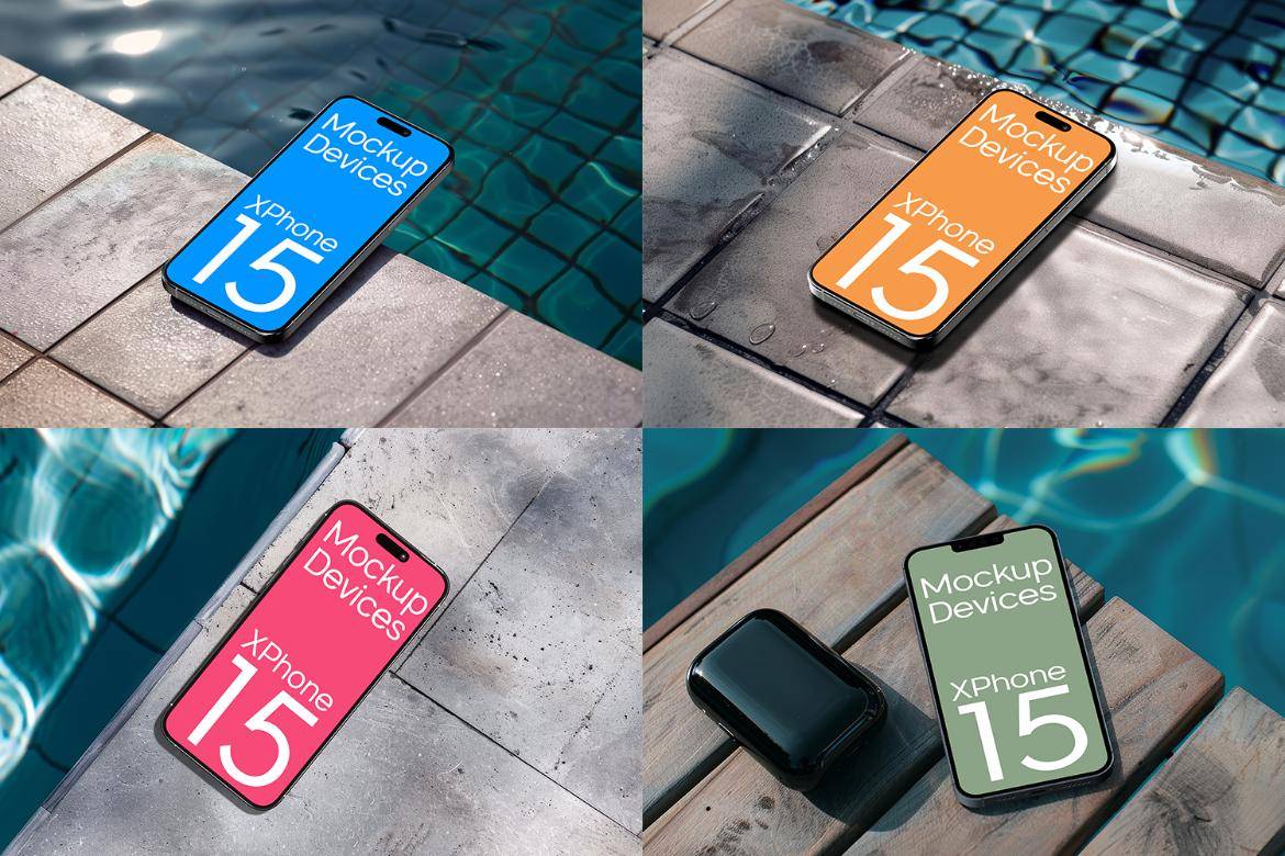 8款泳池背景苹果iPhone 15手机UI广告设计PS贴图样机模板素材 iPhone Mock-Up in Luxurious Poolside , 第4张