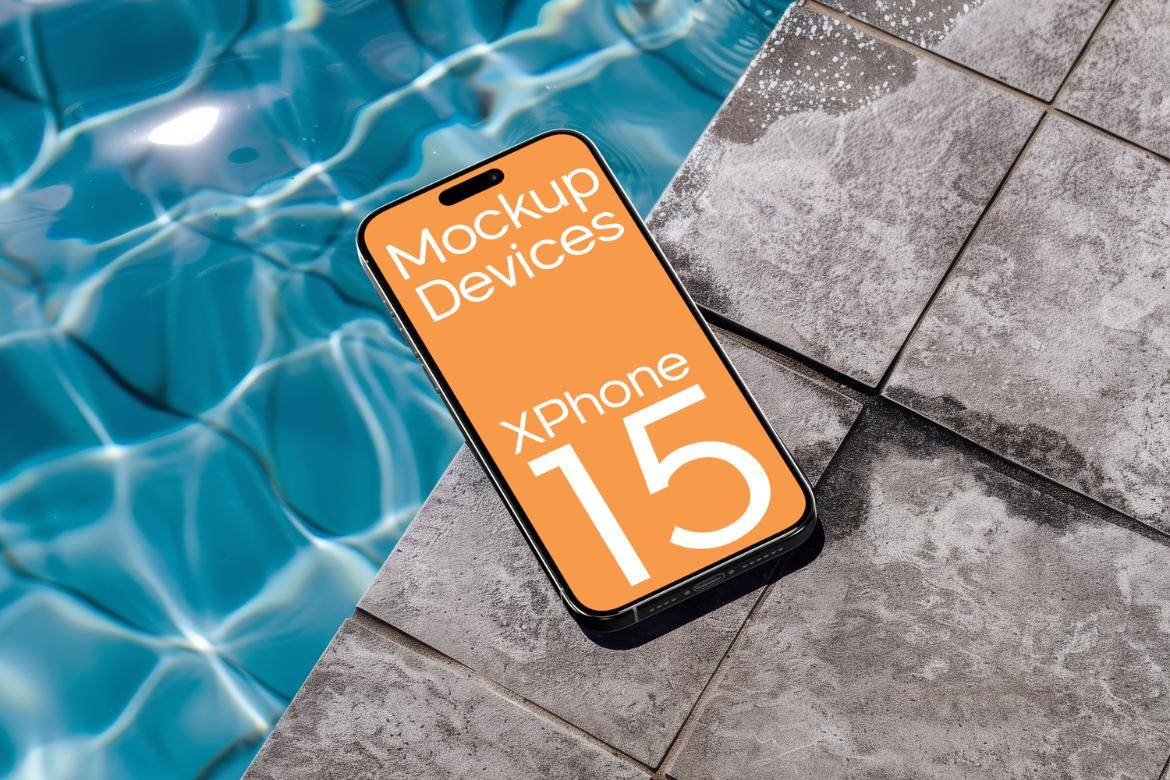 8款泳池背景苹果iPhone 15手机UI广告设计PS贴图样机模板素材 iPhone Mock-Up in Luxurious Poolside , 第5张