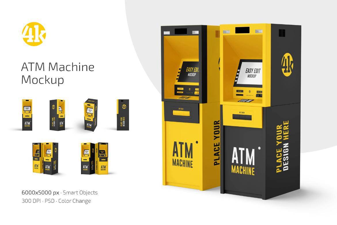 6款ATM自助取款机外观模型设计效果图PS贴图样机模板素材 ATM Machine Mockup Set , 第1张