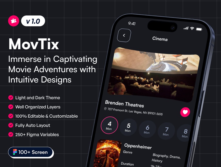 100+屏高级双配色电影票在线购买票务预订APP软件UI界面设计Figma模板套件 MovTix – Movie Ticket Booking App UI Kit , 第1张