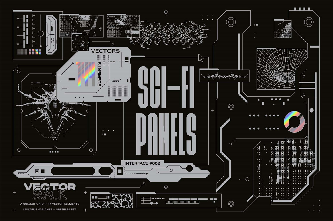 144个赛博未来机能科幻矢量HUD面板图形卡片标签海报排版构图AI矢量设计素材套装 Sci-Fi Panels Vector Pack , 第1张