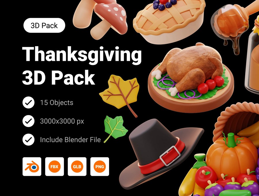 15款秋季感恩节农场食物农作物3D图标Icons设计Blender/PNG/FBX格式素材 Thanksgiving & Autumn 3D Illustration , 第1张