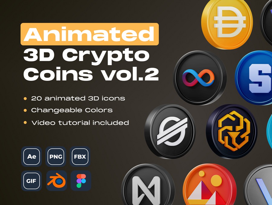 20款创意质感金融科技加密货币3D图标设计Blender/Figma/AE动画素材包 Animated Crypto Coins vol.2 , 第1张