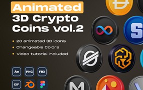 20款创意质感金融科技加密货币3D图标设计Blender/Figma/AE动画素材包 Animated Crypto Coins vol.2