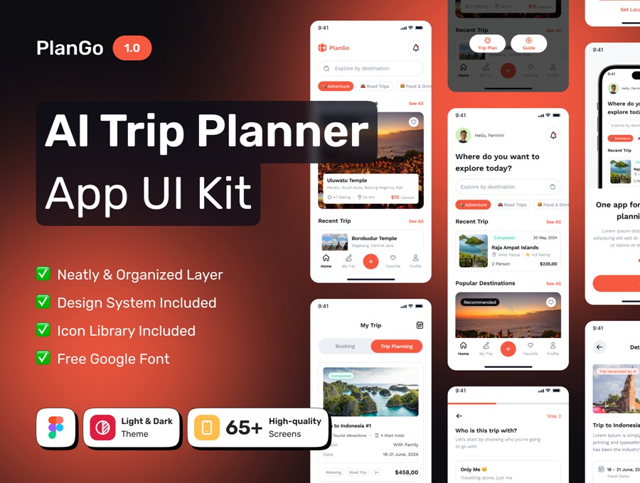 65+屏双配色AI智能旅行旅游路线规划景点航班旅馆预订APP UI界面设计Figma模板套件 PlanGo – AI Trip Planner Mobile App UI Kit , 第1张