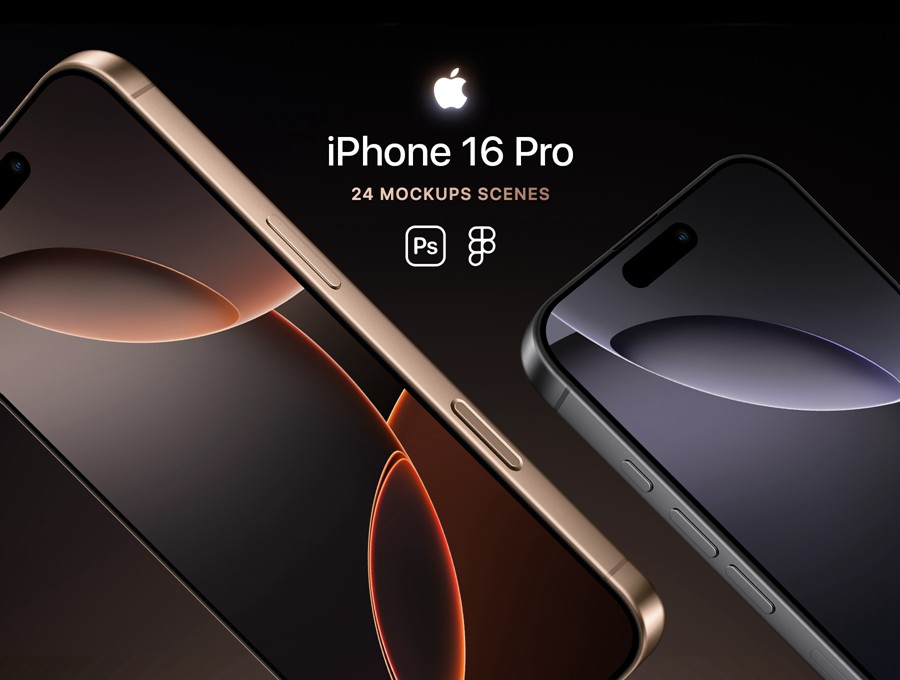 24款钛金属苹果iPhone 16 Pro手机UI广告设计展示贴图PSD样机MOCKUP模板 iPhone 16 Pro – 24 Mockups Scenes , 第1张