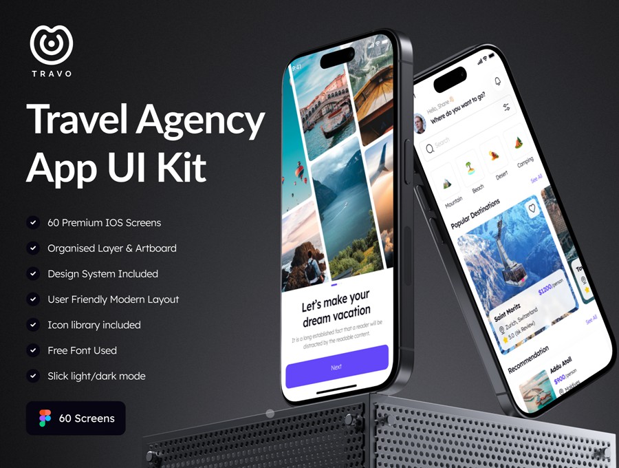 60屏双配色旅行社旅游路行景点门票预订APP UI界面设计Figma模板套件 Travo – Travel Agency App UI Kit , 第1张