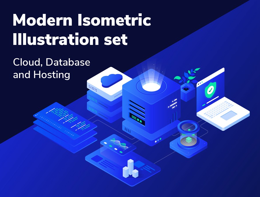 创意互联网科技云存储2.5D手绘插画插图矢量插图AI/XD/Figma设计素材 Cloud and Hosting Isometric Illustration set , 第1张