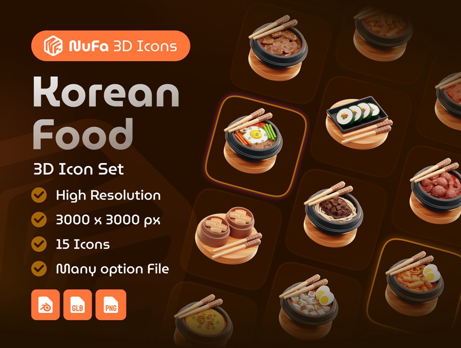 15款独特韩国食品美食3D三维图标Icons设计Blender/PNG格式素材 Korean Food 3D Icon Set , 第1张