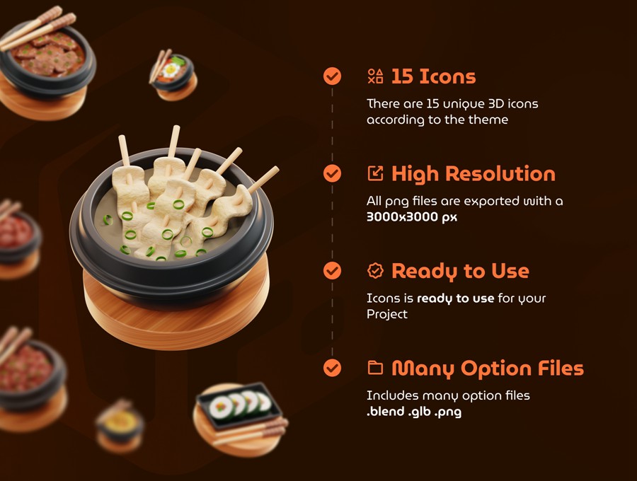 15款独特韩国食品美食3D三维图标Icons设计Blender/PNG格式素材 Korean Food 3D Icon Set , 第3张