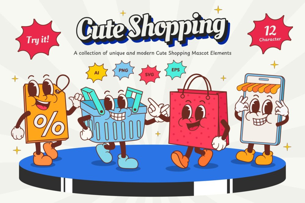 可爱卡通趣味拟人化吉祥物手绘插画AI矢量设计素材 Cute Shopping Mascot Illustration , 第1张