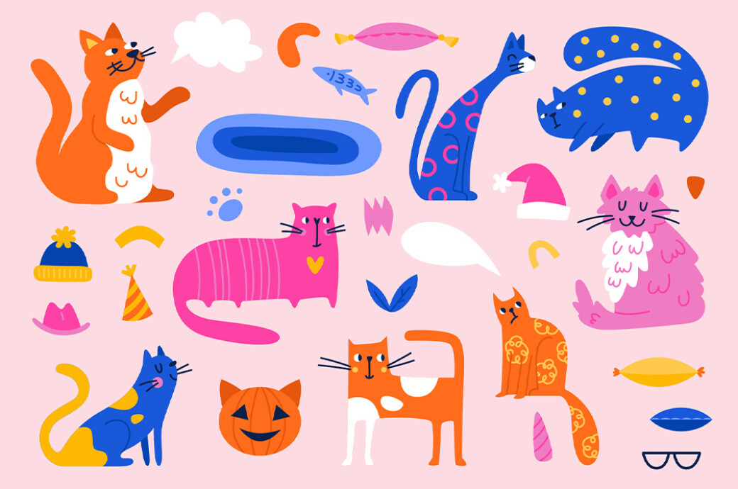 CATS | Clipart + Patterns 100个动物猫和装饰剪贴画纺织周边设计PNG/AI矢量图案插图 , 第2张