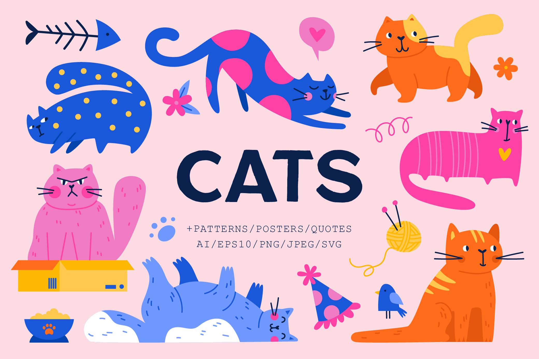 CATS | Clipart + Patterns 100个动物猫和装饰剪贴画纺织周边设计PNG/AI矢量图案插图 , 第1张