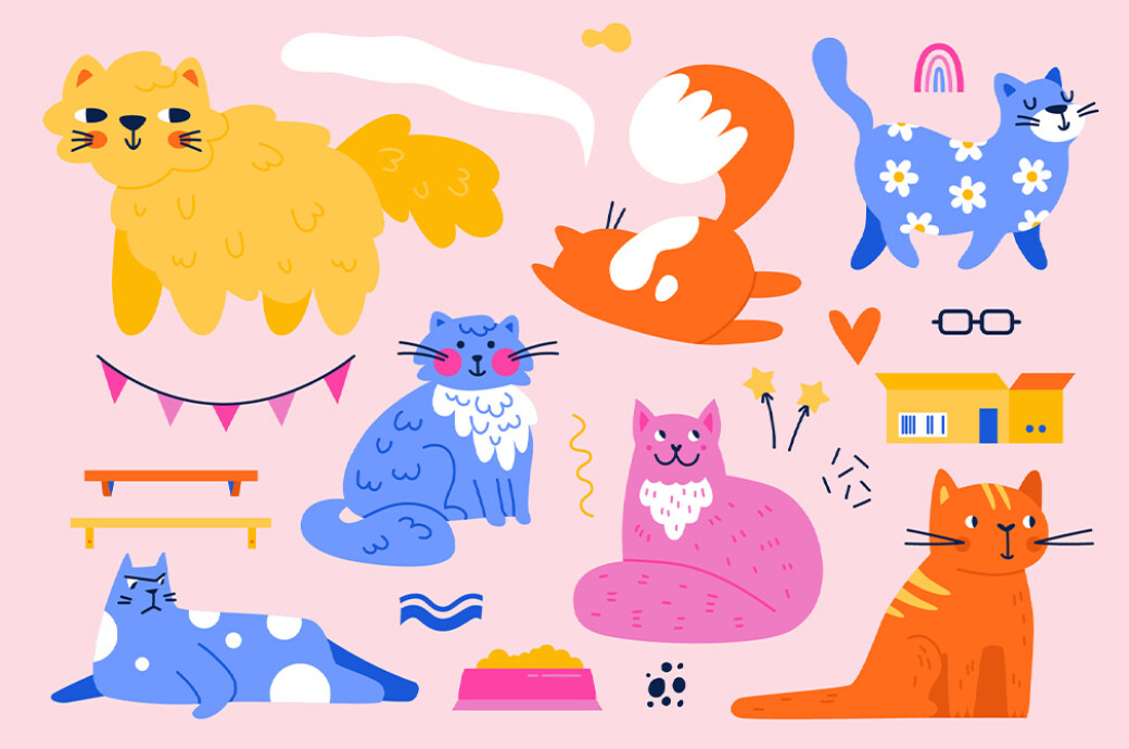 CATS | Clipart + Patterns 100个动物猫和装饰剪贴画纺织周边设计PNG/AI矢量图案插图 , 第4张