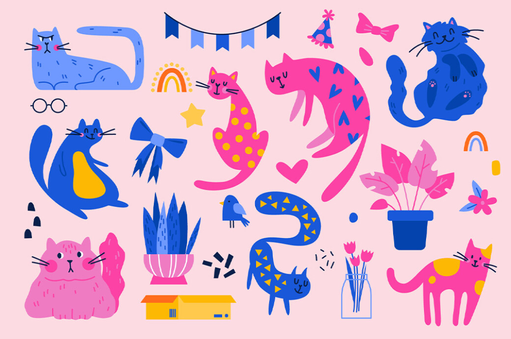 CATS | Clipart + Patterns 100个动物猫和装饰剪贴画纺织周边设计PNG/AI矢量图案插图 , 第5张