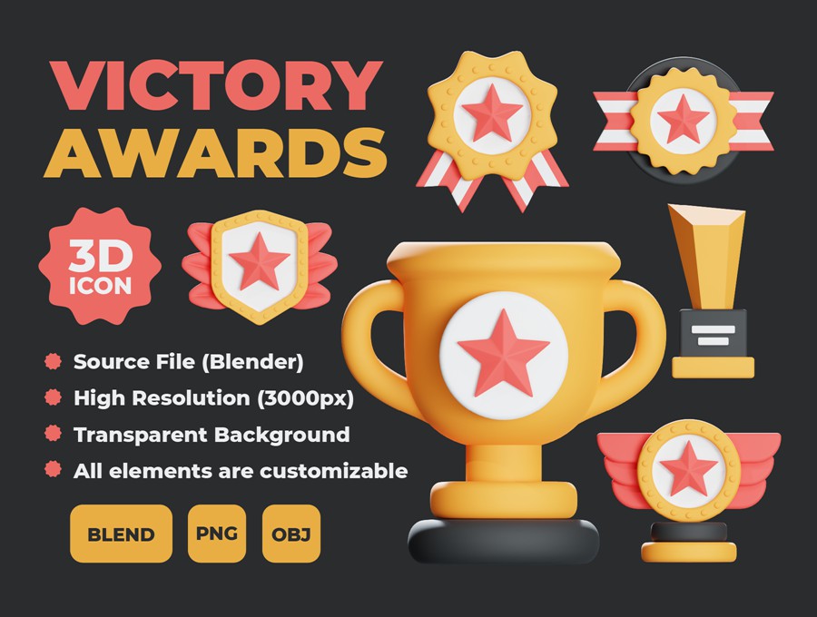 25款质感3D立体胜利徽章徽标奖杯图标Icons设计Blender/PNG格式素材 Victory Awards 3d Icon Illustration , 第1张