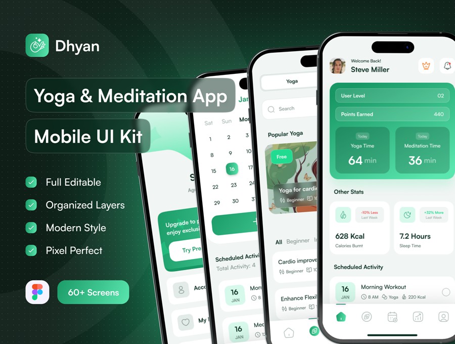 60+屏现代简约在线瑜伽冥想锻炼健身APP UI界面设计Figma模板套件 Dhyan – Yoga & Meditation UI Kit , 第1张