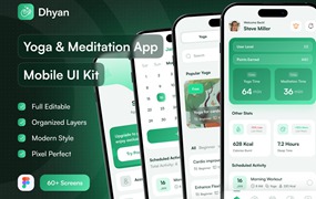 60+屏现代简约在线瑜伽冥想锻炼健身APP UI界面设计Figma模板套件 Dhyan – Yoga & Meditation UI Kit