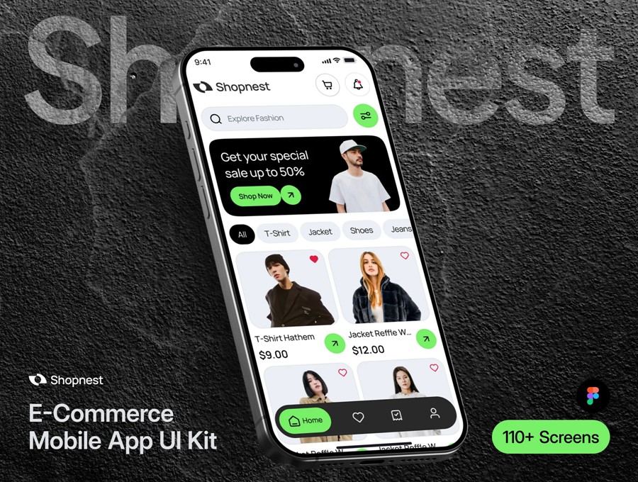 110+屏时尚双配色时装服装电商商城购物APP UI界面设计Figma模板套件素材 Shopnest – Ecommerce Mobile App UI Kit , 第1张