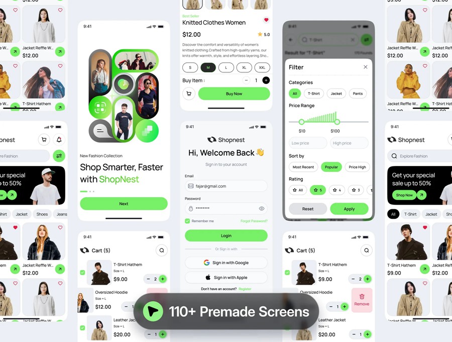 110+屏时尚双配色时装服装电商商城购物APP UI界面设计Figma模板套件素材 Shopnest – Ecommerce Mobile App UI Kit , 第2张