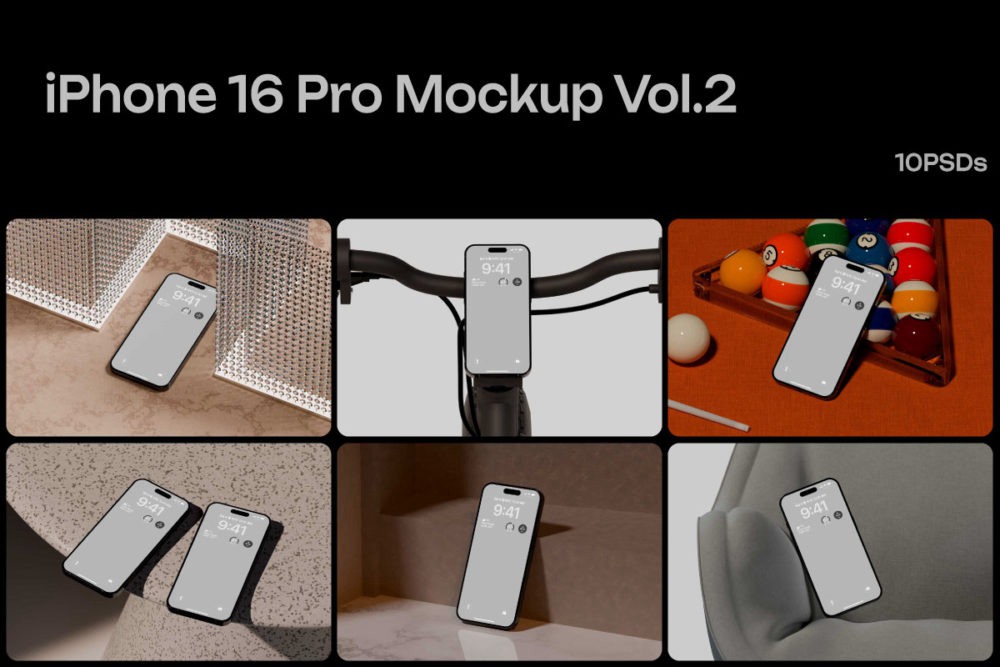 10款高级苹果iPhone 16 Pro手机UI界面设计展示效果图PS贴图样机模板 iPhone 16 Pro Mockup Vol.2 , 第1张