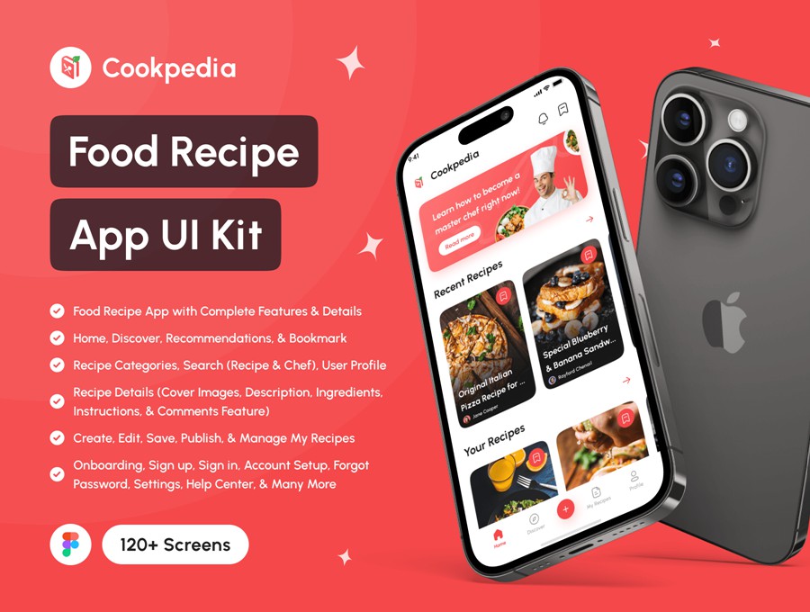 120+屏双配色食谱美食食物烹饪教学软件APP UI界面设计Figma模板套件 Cookpedia – Food Recipe App UI Kit , 第1张