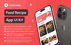 120+屏双配色食谱美食食物烹饪教学软件APP UI界面设计Figma模板套件 Cookpedia – Food Recipe App UI Kit