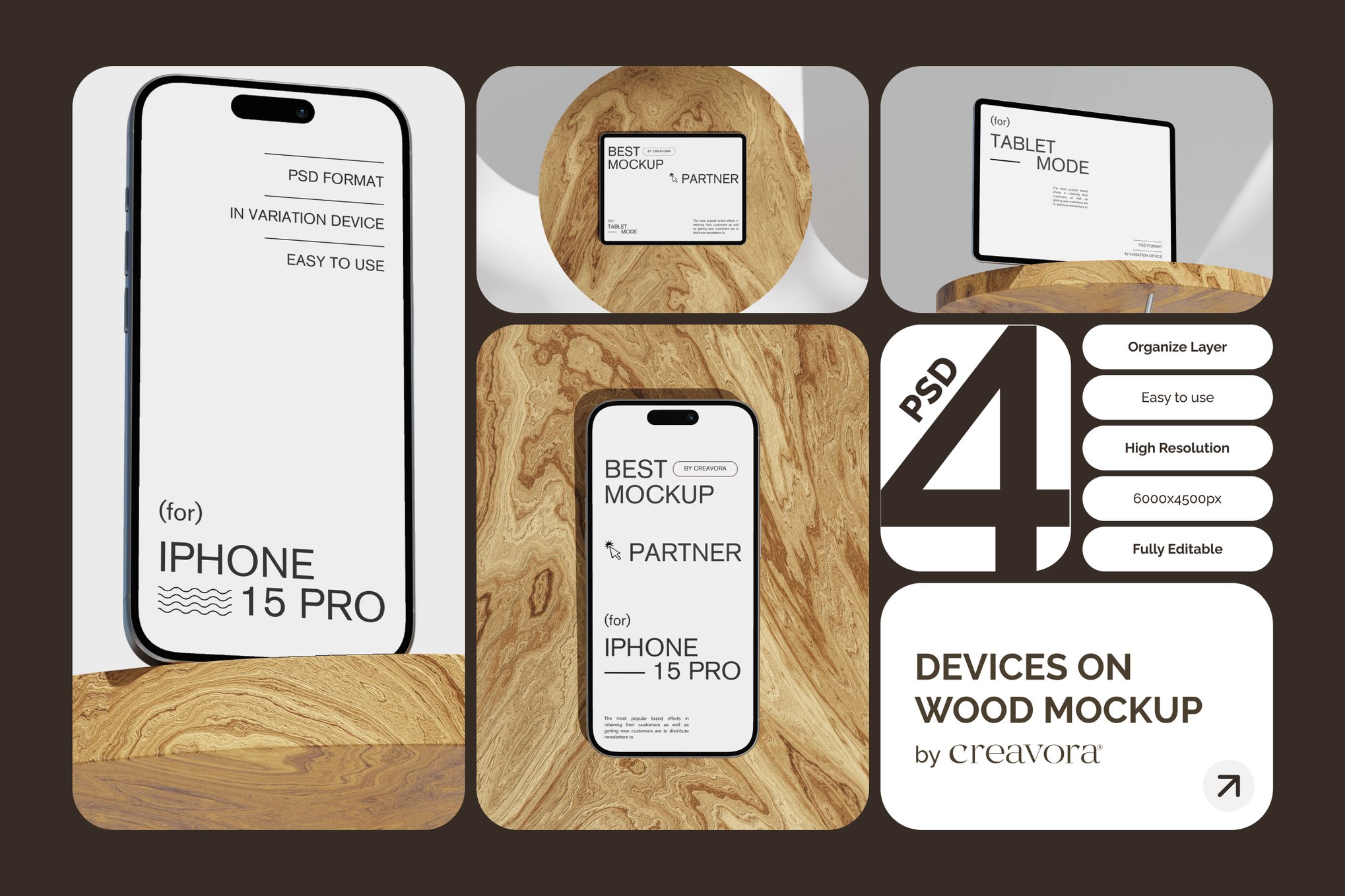 木桌背景UI设计苹果iPhone手机iPad平板MacBook电脑展示贴图PSD样机模板 Device On Wood Table Mockups , 第1张