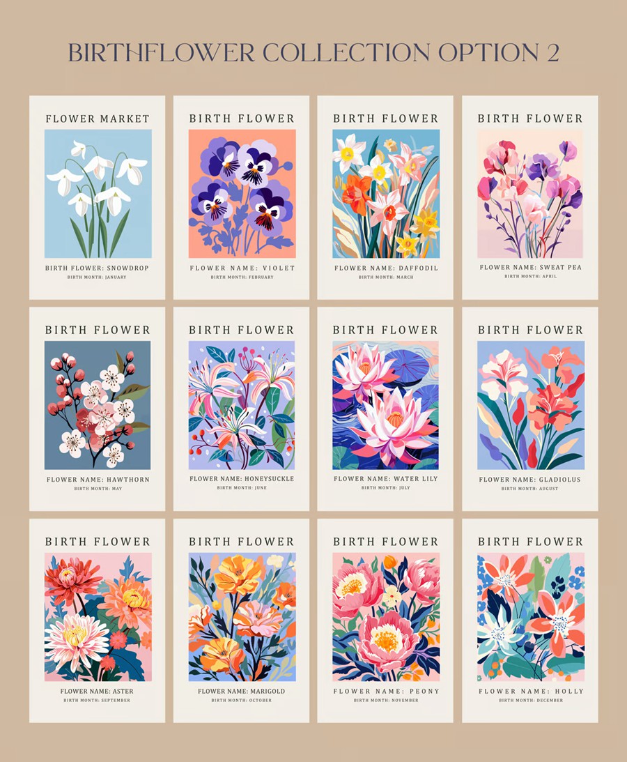 24幅花卉插图艺术风格海报AI矢量/PNG花卉剪贴画素材Birth Month Flower Market Wall Art Poster Cliparts , 第3张