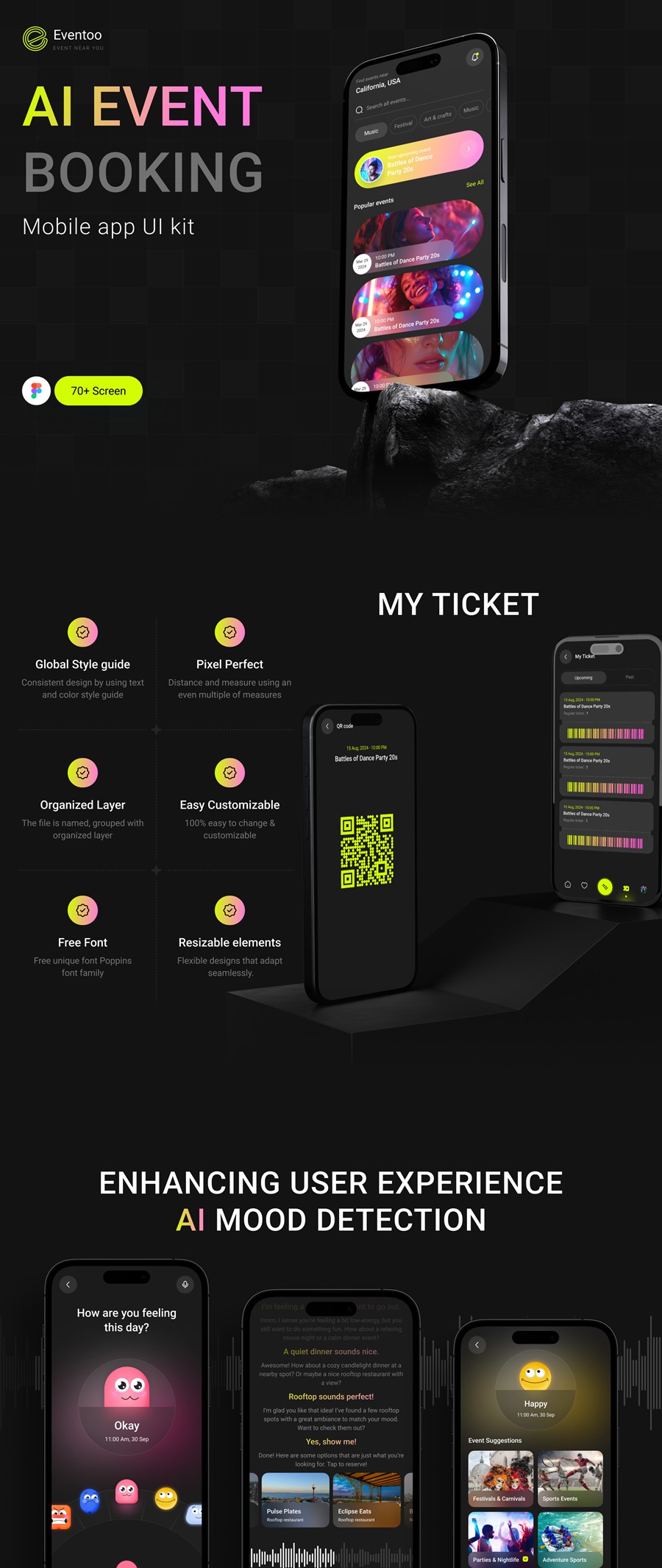 70+屏暗黑系活动音乐电影票AI智能预订购买APP UI界面设计Figma模板套件 Eventoo- The AI-Powered Event Booking App UI Kit , 第8张