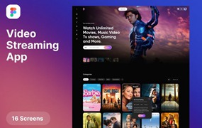 16屏暗黑系在线电影电视剧流媒体音乐网站WEB UI界面设计Figma模板素材 Video streaming web