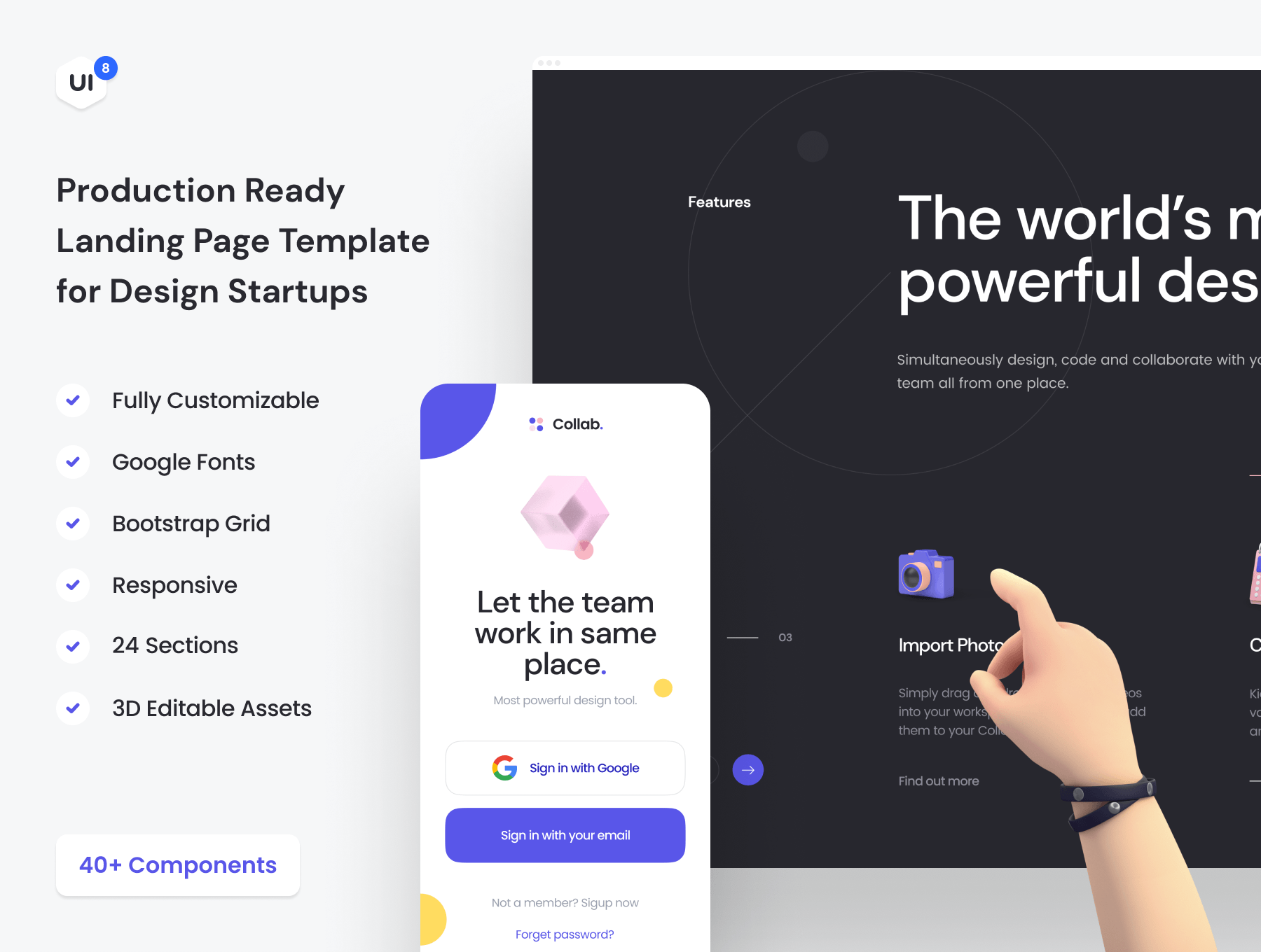 时尚响应式网站登录页面WEB UI设计Figma模板+源码Html素材 Collab — Landing Page Kit , 第2张