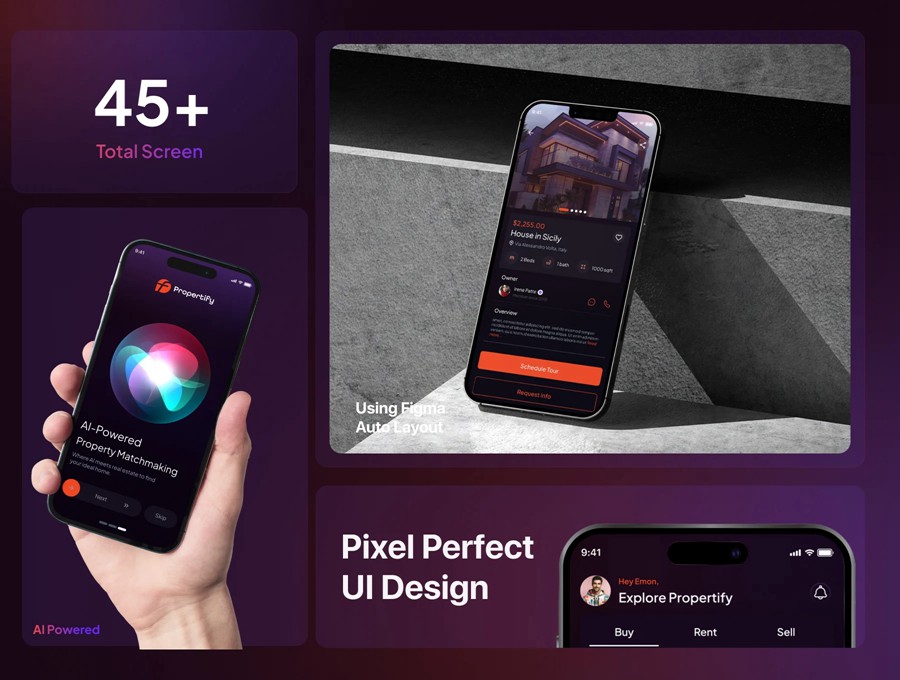 45+屏高级双配色Ai智能房地产房屋出售租赁软件APP UI界面设计Figma模板 Ai Powered Propertify Real Estate Marketplace App UI Kit , 第2张