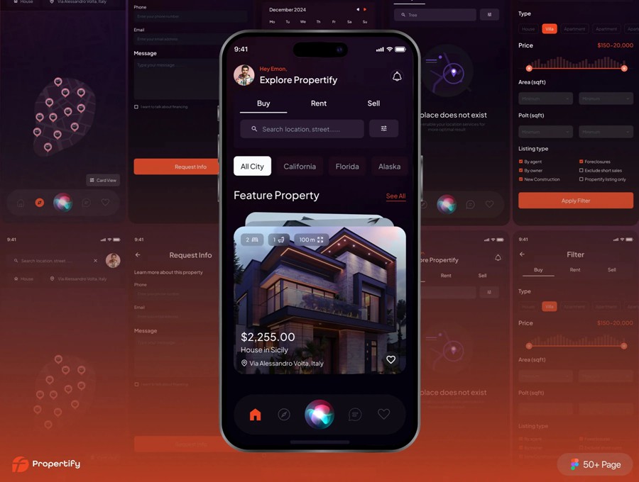 45+屏高级双配色Ai智能房地产房屋出售租赁软件APP UI界面设计Figma模板 Ai Powered Propertify Real Estate Marketplace App UI Kit , 第6张
