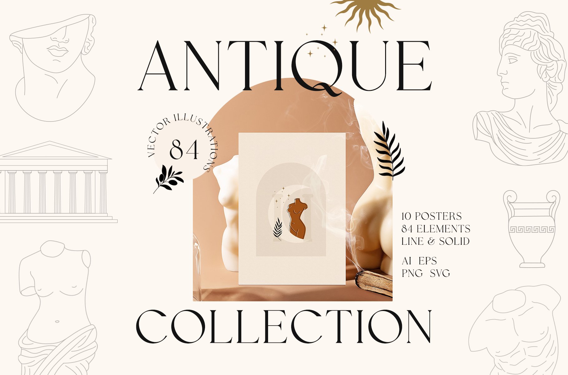 Antique collection 84个轮廓和立体插图以及10个墙壁艺术印刷品 雕像、手、拱门、树叶手绘插图 , 第1张