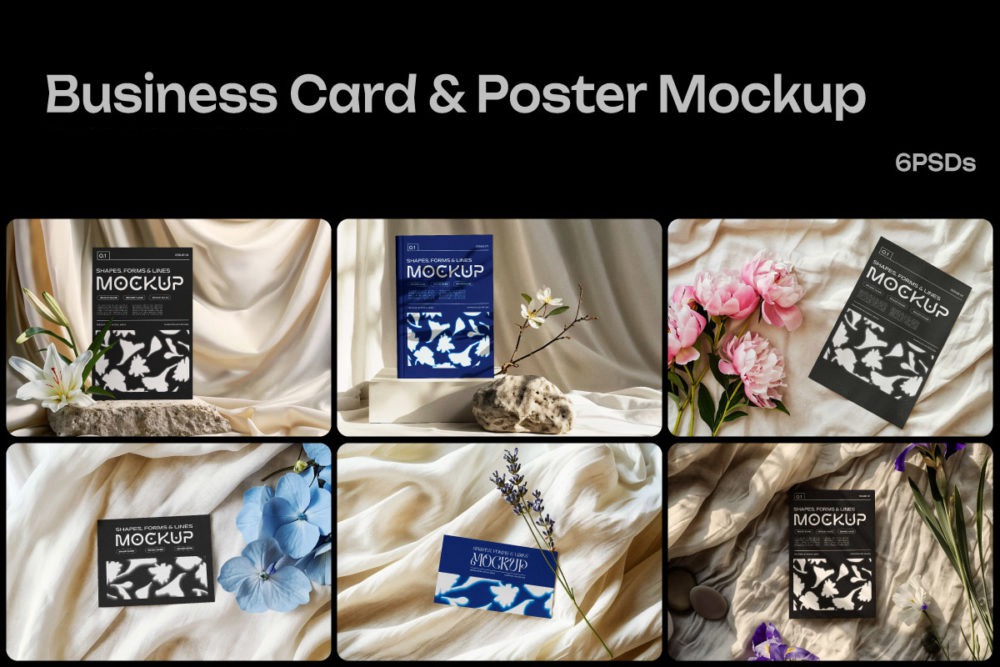 时尚真实场景名片宣传单页海报设计展示效果图PS贴图样机模板 Business Card and Poster Mockup , 第1张