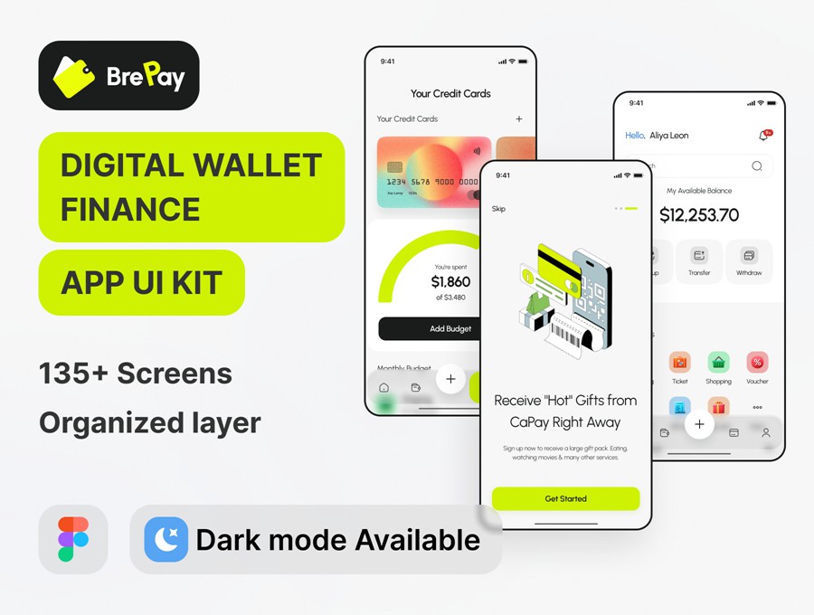 135+屏双配色金融科技财务管理理财电子钱包APP UI界面设计Figma模板套件 BrePay – Digital Wallet Finance App UI Kit , 第1张