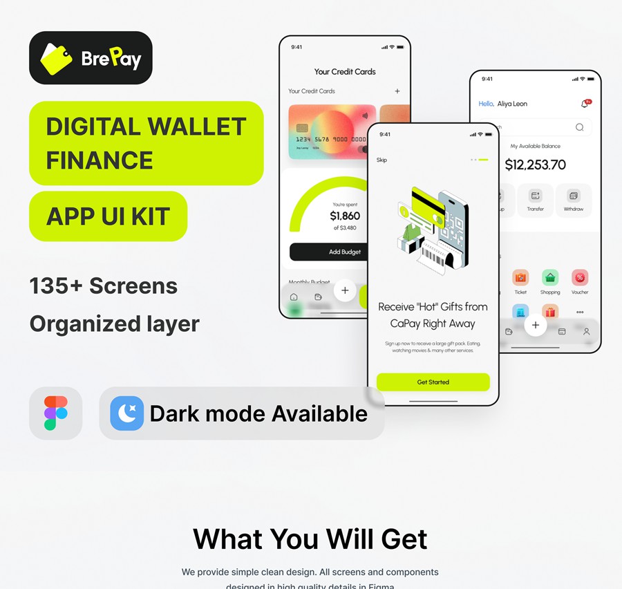 135+屏双配色金融科技财务管理理财电子钱包APP UI界面设计Figma模板套件 BrePay – Digital Wallet Finance App UI Kit , 第3张